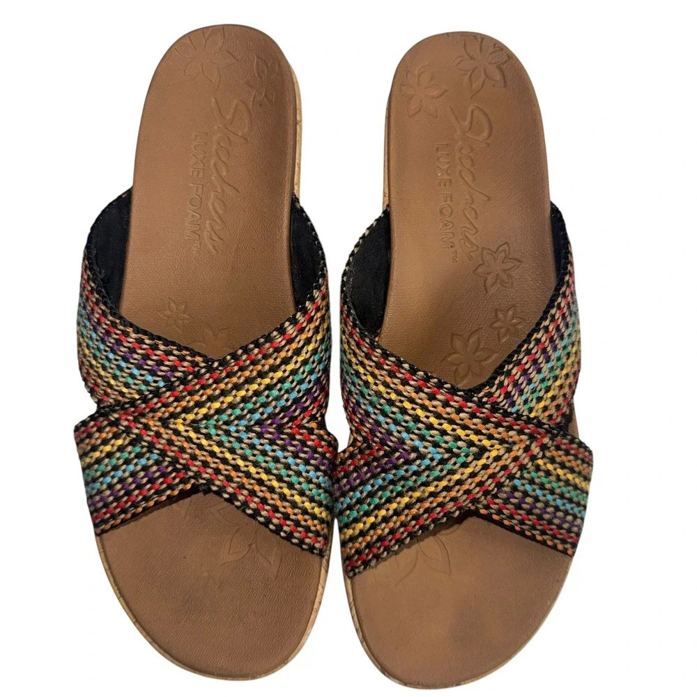 Skechers Luxe Foam Wedge Sandals Women‎ 8 Multi Color Excellent Woven Cork Slide